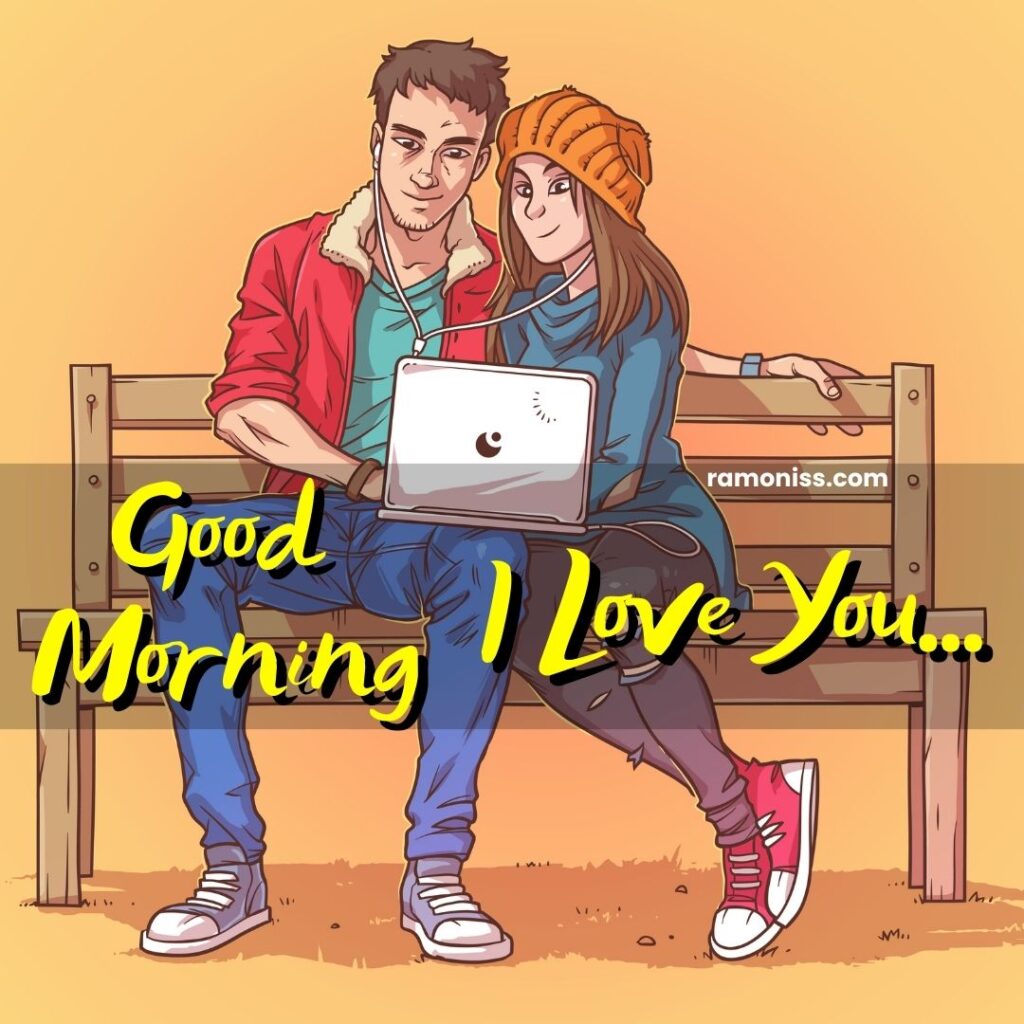 Young loving couple sitting on the bench listening to music good morning love image for my love.