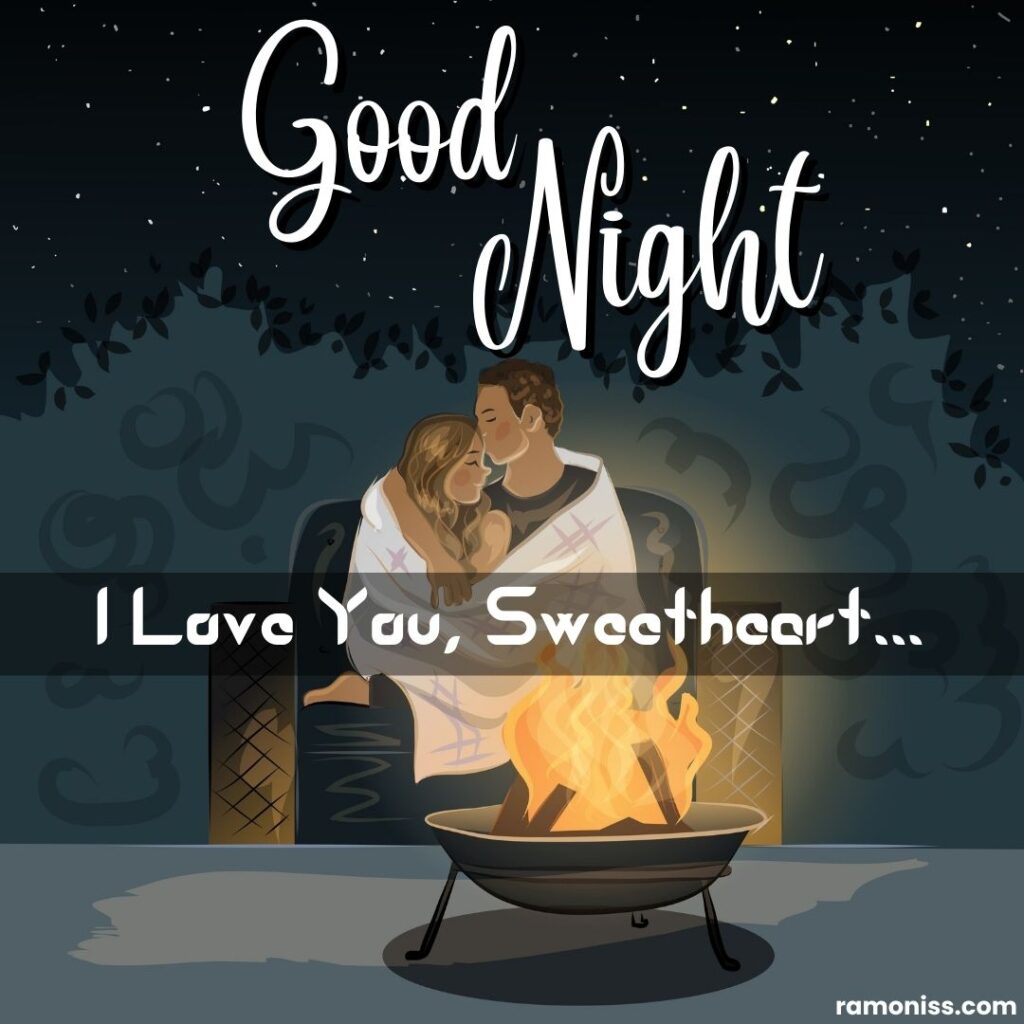 Love couple sitting on the sofa inside the blanket in front of the campfire good night love images with love.