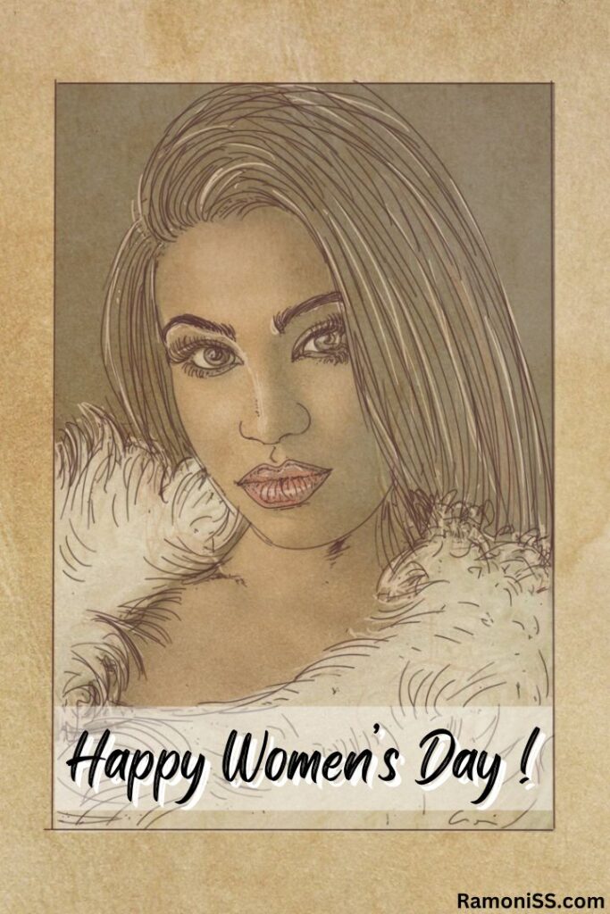 A pencil sketch painting on the wall featuring a woman in a stylish pose wearing a fur jacket international women's day drawing images