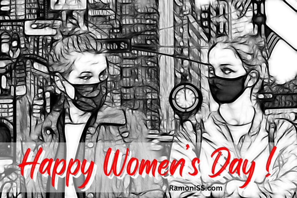 Beautiful pencil sketch of two women wearing masks and seeing each other international happy women's day drawing photo.