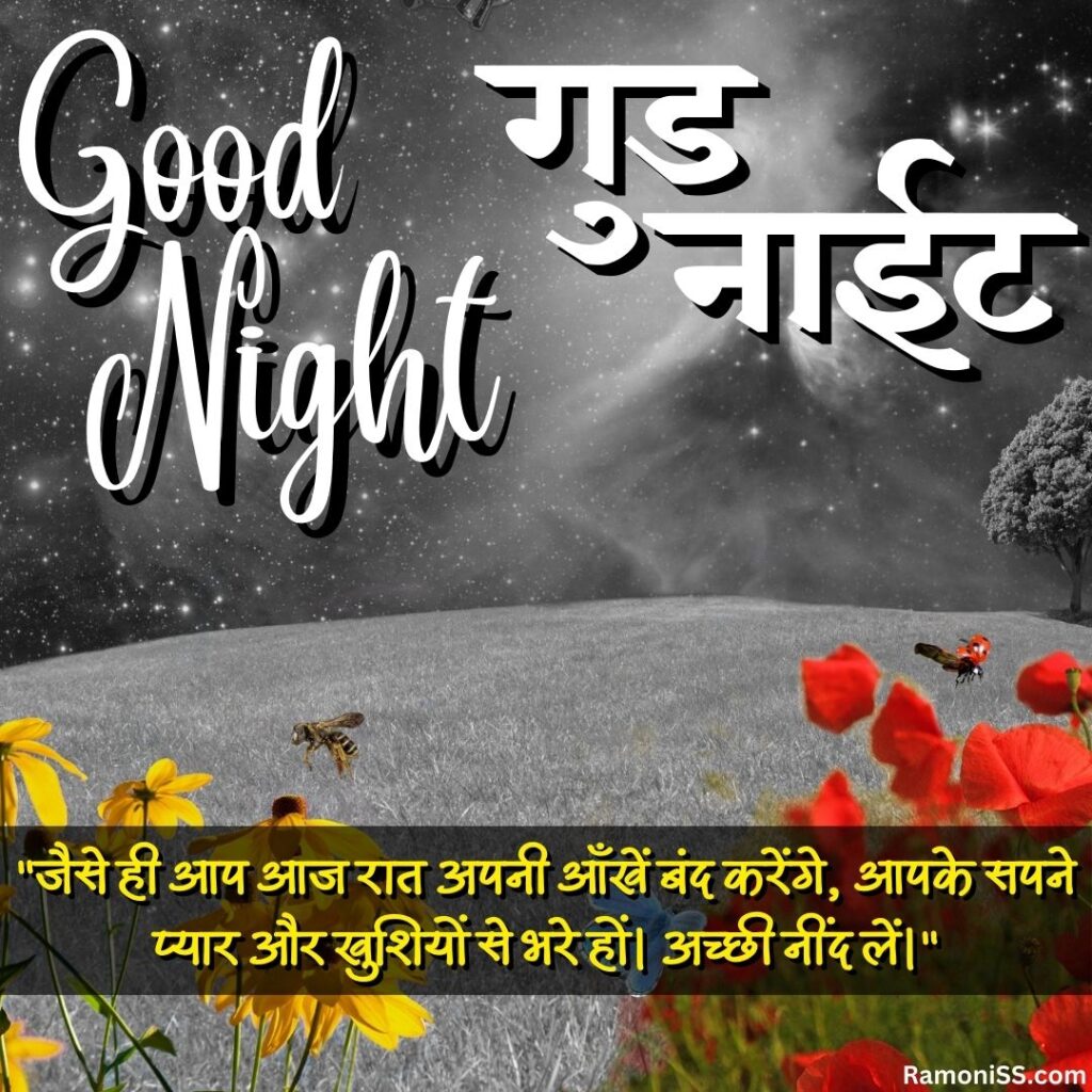 Meadow red yellow flower and many stars in the sky lovely good night images with quotes in hindi for whatsapp.