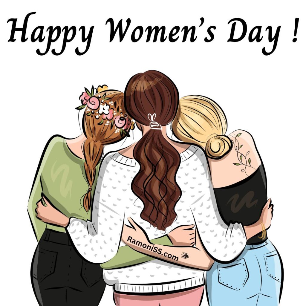 Painting of three girls from behind easy happy women's day special drawing image.