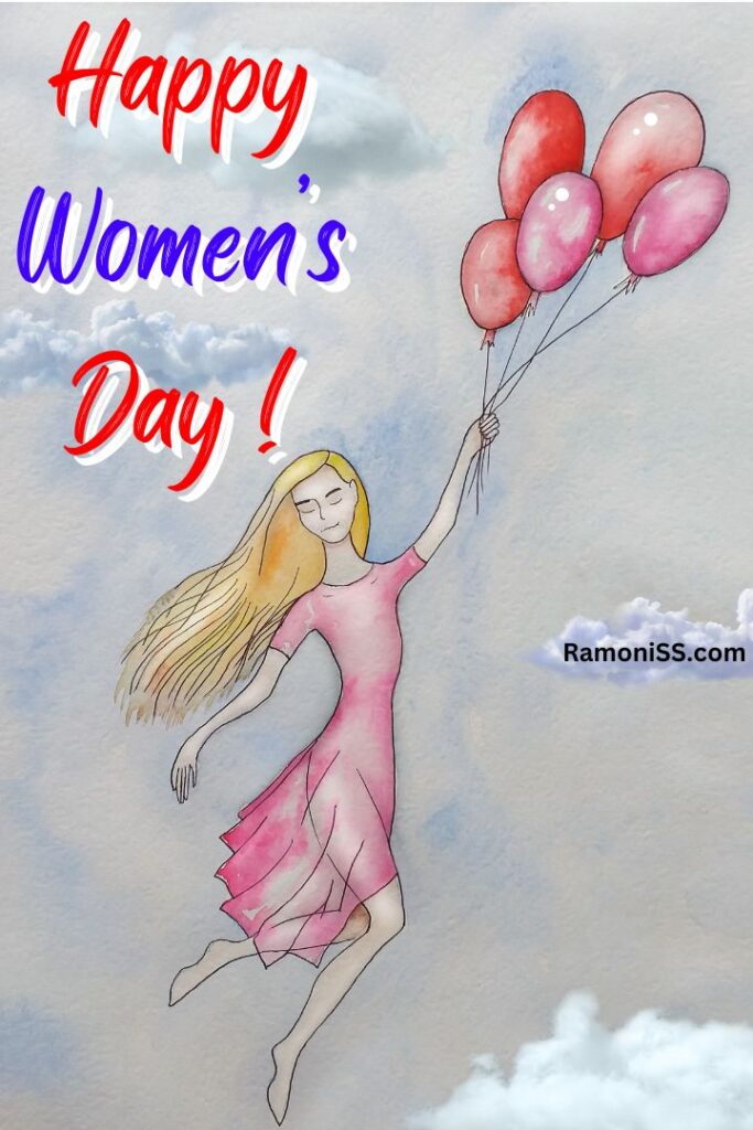 Pencil sketch of a woman flying in the sky holding balloons international women's day drawing pic.