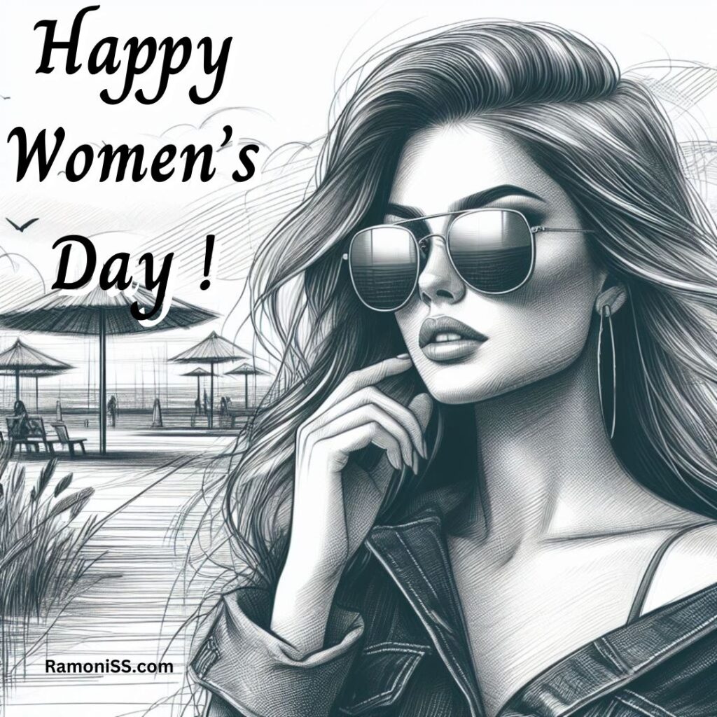 Pencil sketch of a beautiful woman standing on the beach wearing goggles easy women's day drawing picture.
