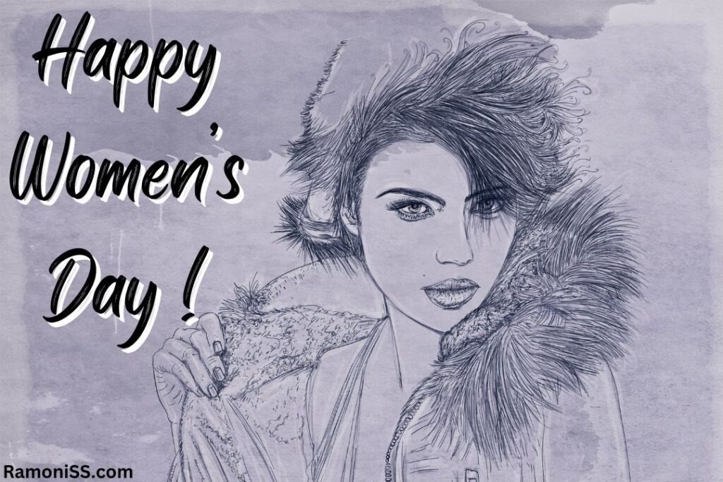 Pencil sketch of a woman in a stylish pose wearing a fur jacket international women's day images.