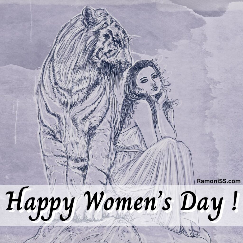 Pencil sketch of a woman sitting on a mound with a lion easy women's day drawing pic.
