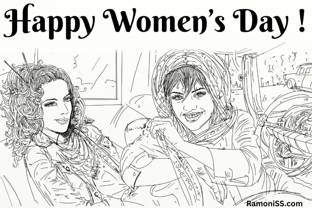 Pencil sketch of two women sitting inside the car easy women's day drawing picture.