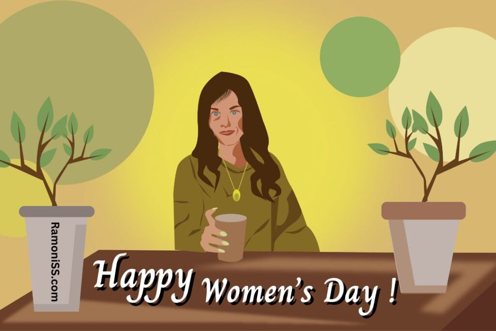 Two flower pots are kept on the dining table and the woman is sitting and drinking tea women's day drawing photo.