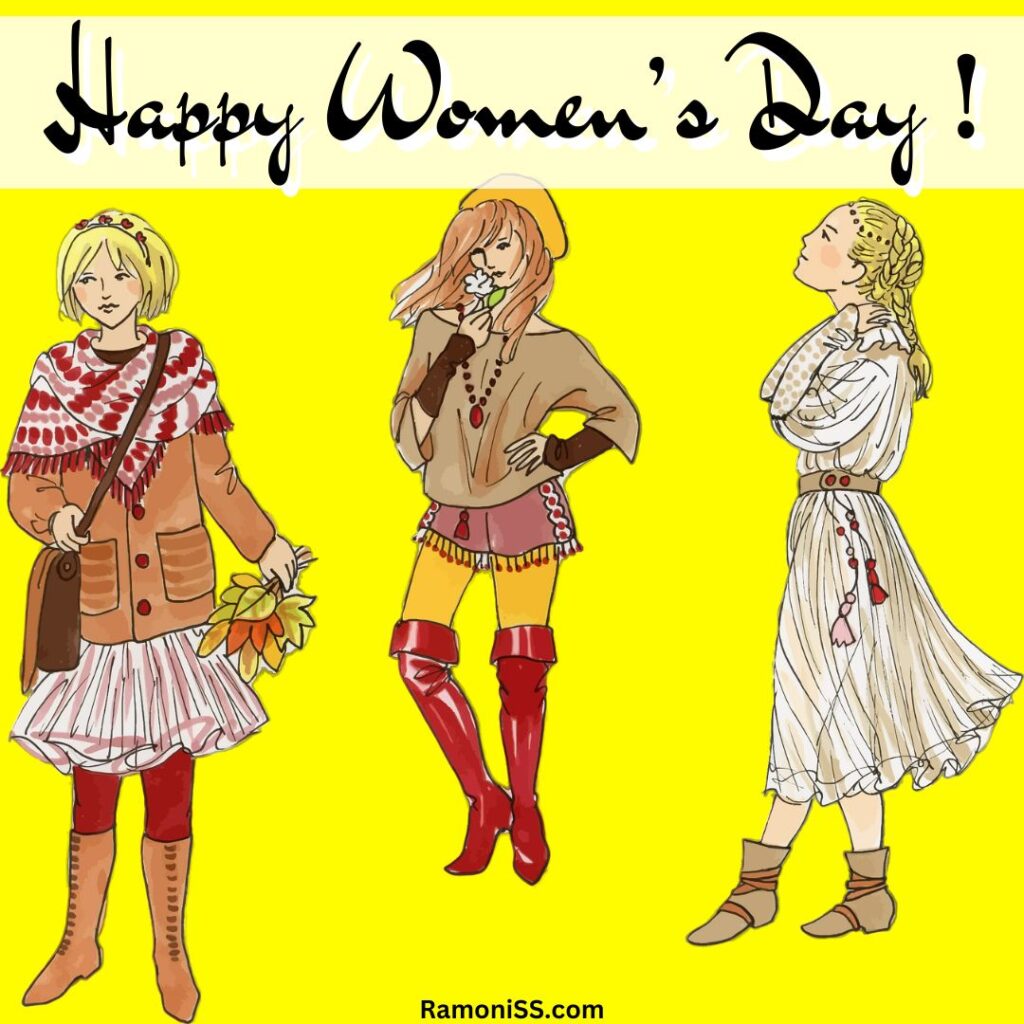 Three girls wearing beautiful dress easy women's day special drawing pic.