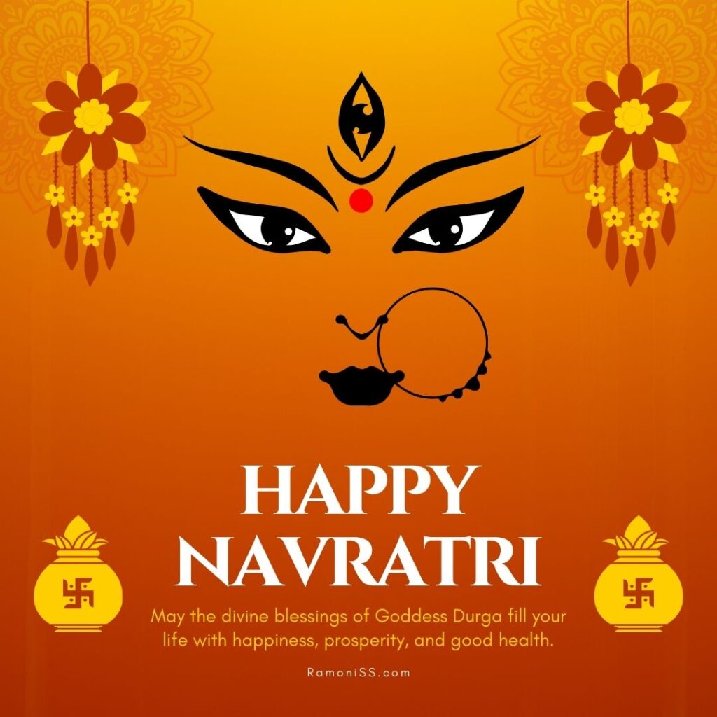 Beautiful black eyes of maa durga on orange color decorative background, happy navratri pic.