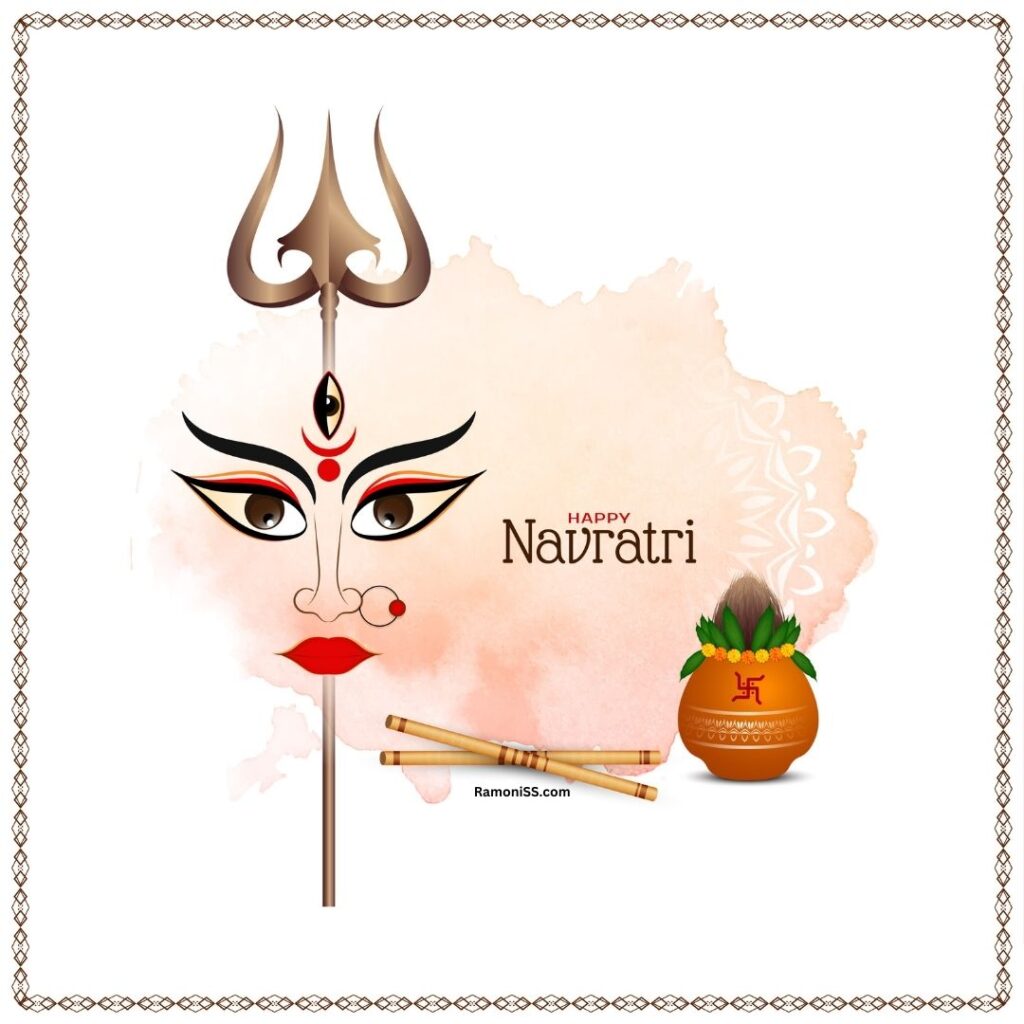 Beautiful black eyes, trident of maa durga on white decorative background, happy navratri pic.
