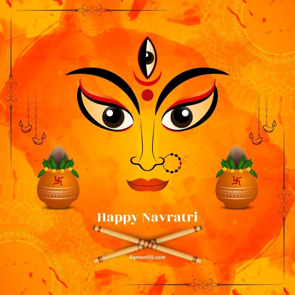 Beautiful eyes of maa durga two urns and two flutes in front of orange background happy navratri wishes