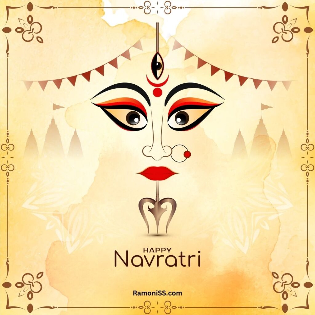 Maa durga beautiful eyes and yellow temple decorative background happy navratri hd pictures