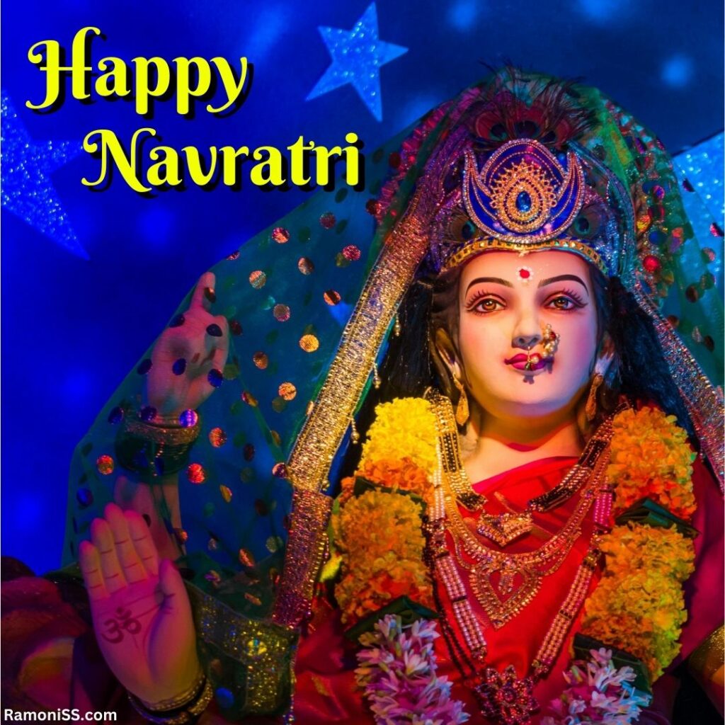 Maa durga statue in front of blue decoration happy navratri hd pictures