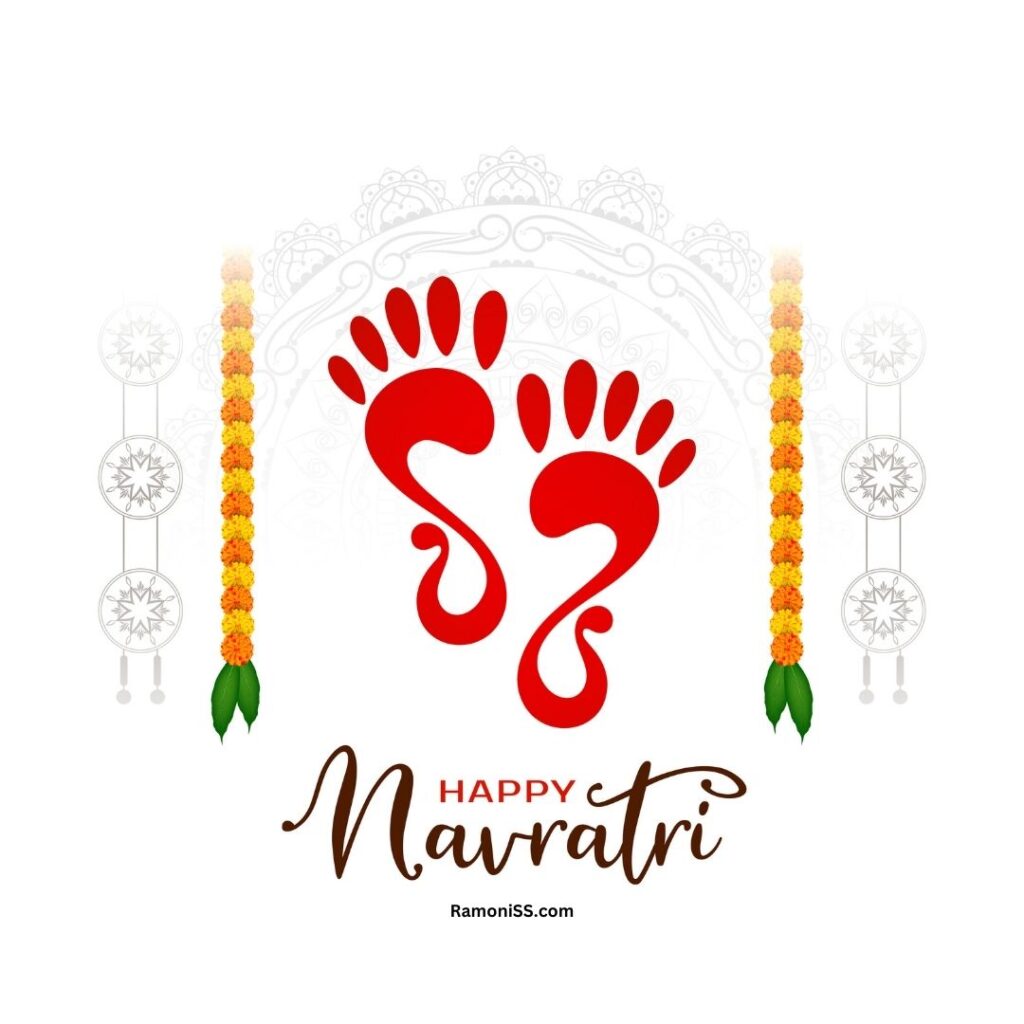 Red footprints of maa durga and fringe of marigold flower front of white background happy navratri hd wallpaper.
