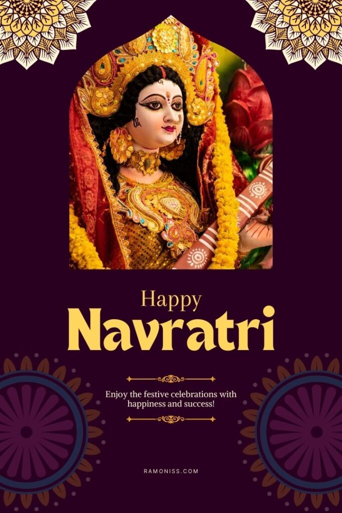 The statue of maa durga is decorated with flowers and ornaments happy navratri photo.