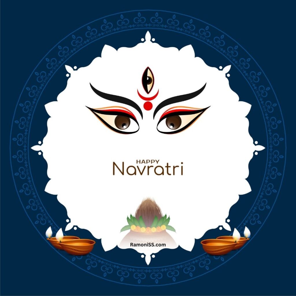 In the happy navratri hd pictures , four burning lamps, a kalash and rangoli are the beautiful eyes of maa durga on a navy blue background, and happy navratri also written in the image.
