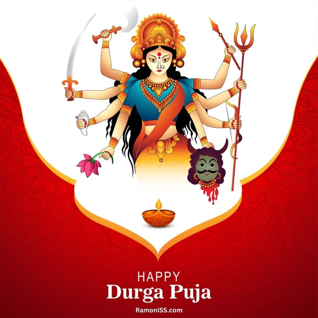 Eight arms of maa durga and lamp white and red background happy navratri status image.