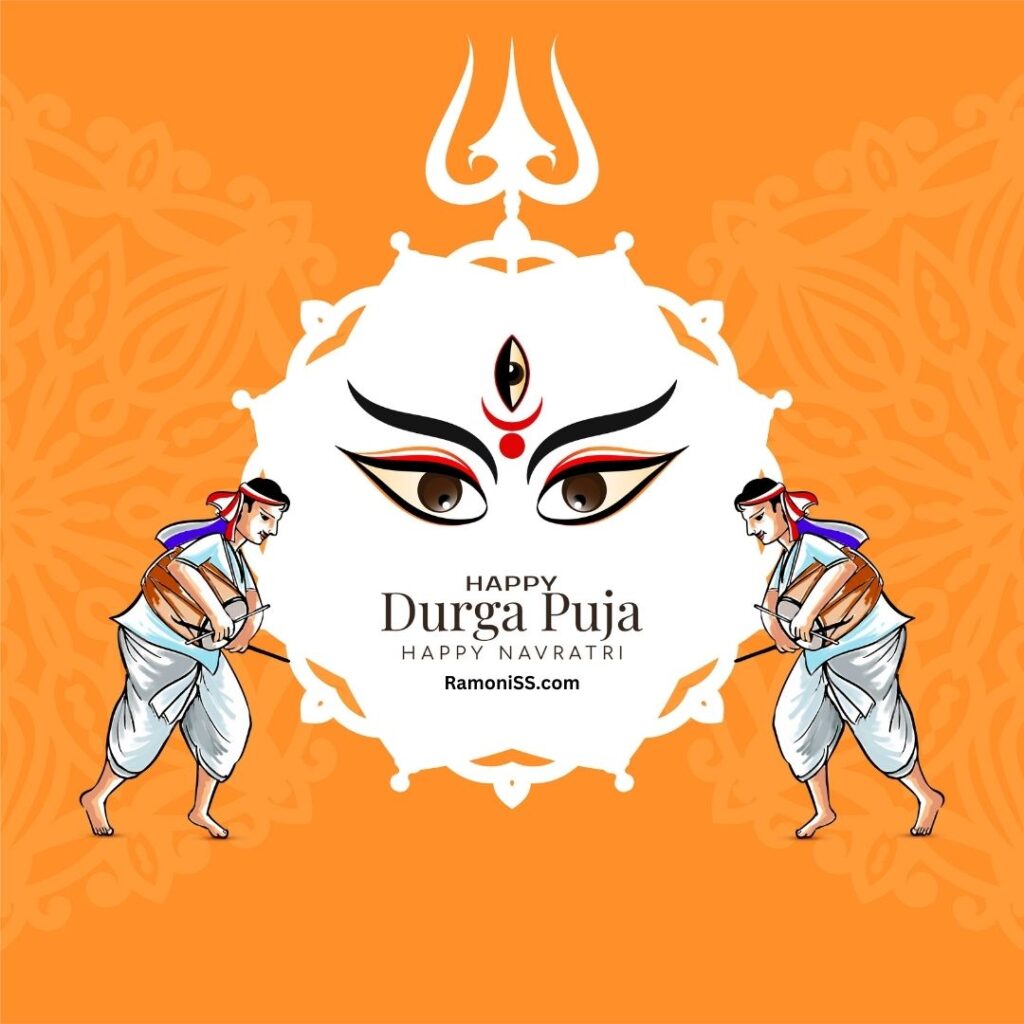 Eyes of maa durga, trident and two men playing drums in front of the orange background happy navratri hd wallpaper