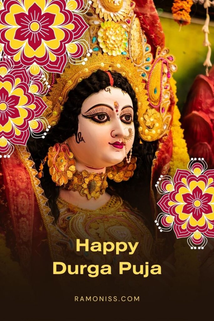 Statue of maa durga is decorated with flowers and ornaments happy navratri status image.