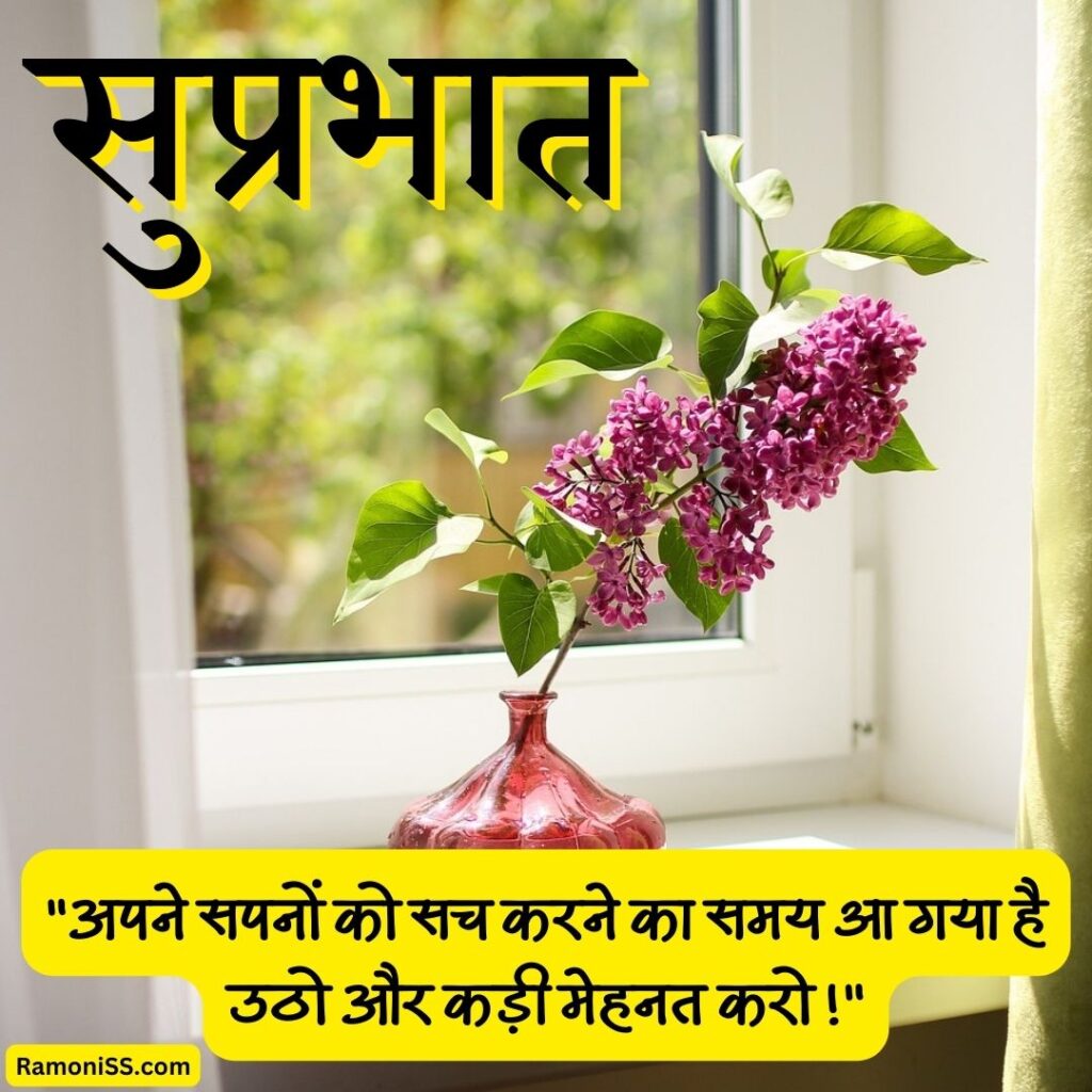 Flower pot placed near the window good morning suprabhat suvichar pic in hindi